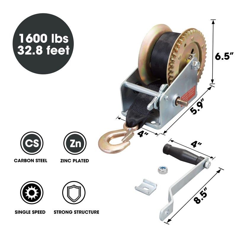 BIG RED ATRT1161SR Torin 1600lbs Capacity Heavy Duty Steel Cable Manual Hand Crank Winch with 32.8ft Nylon Strap and Two-Way Ratchet, for Boats, Trailers, Trucks, ATVs - Image 2